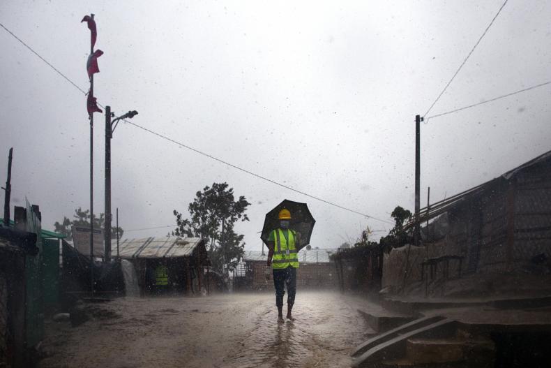 Oxfam staff member Ali (26) works to prepare one of the Rohingya refugee camps in Cox's Bazar before powerful Cyclone Amphan.
